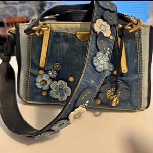 Coach Blue Denim Crossbody Bag with Floral Accents